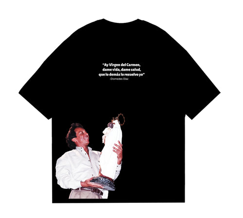 Camiseta negra DTF con diseño de Diomedes Díaz y la Virgen del Carmen - Rozo DTF